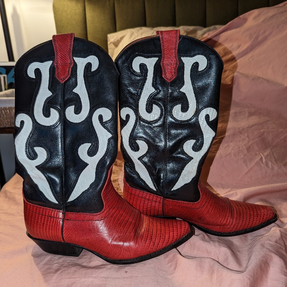 Nine West Red & Black Leather Cowboy Boots
